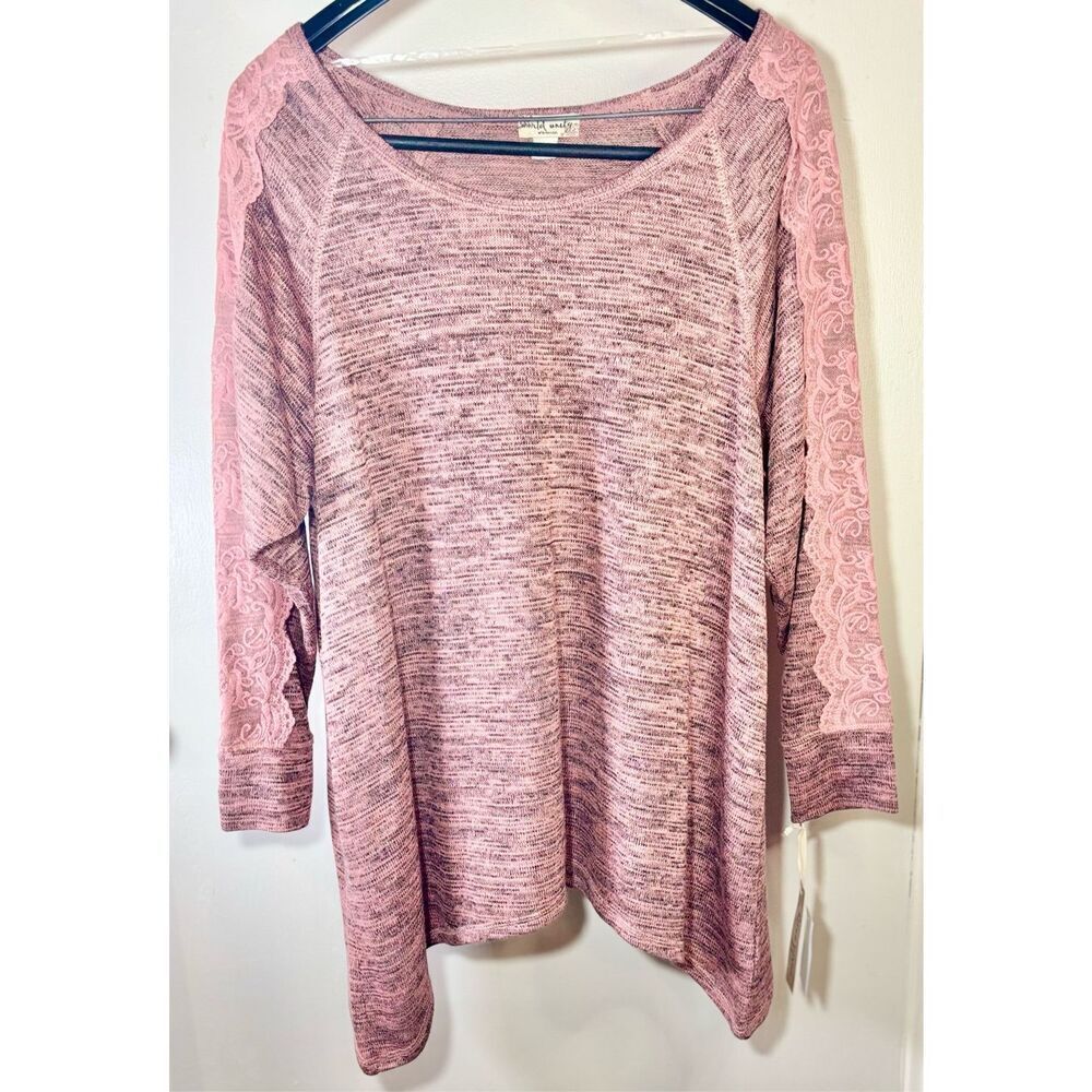 World Unity Pink & Black Scoop Neck Sweater w lace Trim Sleeve Overlay S: 1X